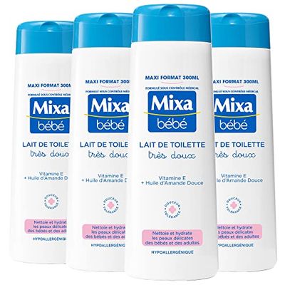 Mixa Dziecko - Bardzo miękkie mleko toaletowe - Delikatna skóra dla niemowląt - Witamina E + olejek ze słodkich migdałów - optymalna tolerancja - hipoalergiczny - Maxi Format - Zestaw 4 x 300 ml