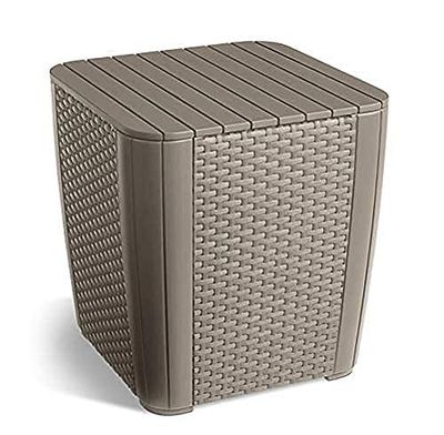 Keter Allibert by Luzon Table de Jardin Plate en Osier Cappuccino Couvercle Amovible avec Espace de Rangement Plastique Aspect rotin Plat