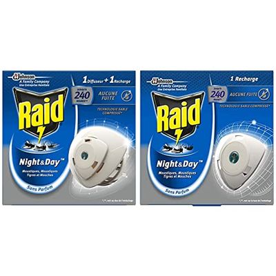 Raid diffuseur électrique Night&Day Mouches, moustiques et moustiques Tigres, 1 diffuseur + 1 Recharge 240 Heures & Recharge pour Diffuseur Électrique Night&Day Mouches, 1 Recharge 240 Heures