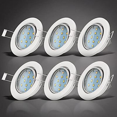 B.K.Licht Faretti LED ad incasso orientabili, set da 6, include 6 lampadine GU10 da 3W, foro incasso Ø68mm, plafoniere da soffitto e per interni, corpo metallo color bianco 230V IP23