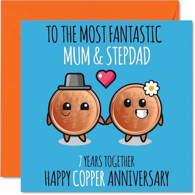 Leuke koperen verjaardagskaart voor mama en stiefvader - 7 jaar samen - gelukkige 7e huwelijksverjaardagskaarten voor stiefvader moeder, 145 mm x 145 mm wenskaarten voor zevende jubilea
