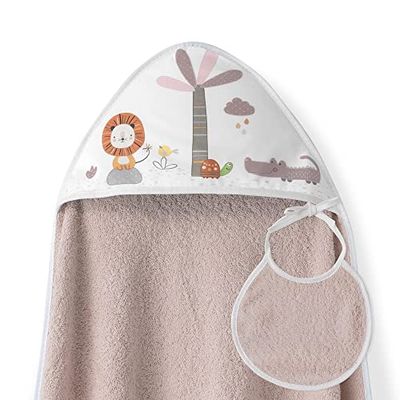 Ensemble Interbaby: Cape de bain Bébé a capuche avec bavoir - Lion Palmier - rose maquillage
