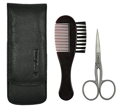 Pfeilring Ciseaux à barbe Brosse à barbe 2 pièces en acier inoxydable articles/(Housse étui en cuir nappa – Noir (Lot de 2)
