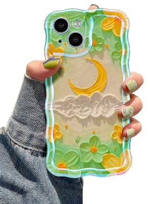 EYZUTAK Fodral för iPhone 14 Plus/iPhone 15 Plus, färgglad retro oljemålning blomma laser, söt lockig vågkant, utsökt telefonskydd, stilfullt hållbart TPU-skyddande fodral för flickor kvinnor –