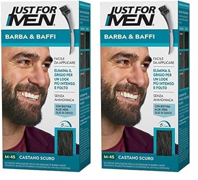 Just For Men Barba & Baffi, Tinta Per Barba Uomo, Tintura Senza Ammoniaca, Elimina I Peli Grigi, Con Pettine Applicatore, Colore Castano Scuro, M45 (Confezione da 2)