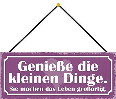 Schatzmix Blechschild Spruch Genieße Die kleinen Dinge. Metallschild 27x10 Deko mit Kordel Targa di Metallo da Parete, Lamiera, Multicolore, 27x10 cm