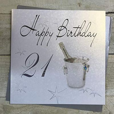 WHITE COTTON CARDS Biglietto di Auguri per Il 21° Compleanno, Realizzato a Mano, con Secchiello di Champagne, XLS21, Bianco, 22cm x 22cm