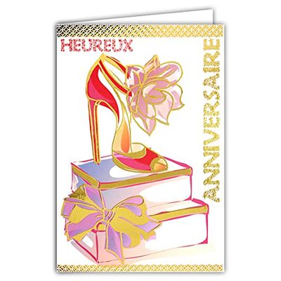 Happy Birthday Card for Women, Girls, Mum, Mum, Ribbons, Flowers, Shoe Boxes, High Heels, Red, Pink, Black and Gold