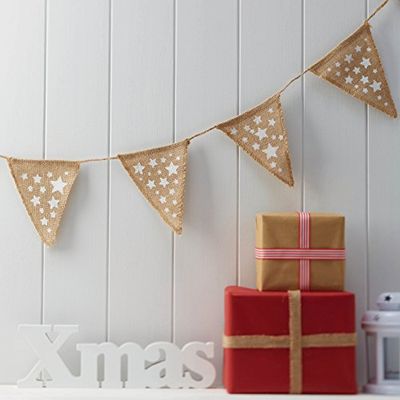 Ginger Ray White Star Hessian Christmas Burlap Bunting Vintage Noel, Fabric, Brown