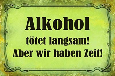 Schatzmix Alcohol doodt langzaam metalen bord muurdecoratie 20x30 cm tin teken blikken schild, plaat, meerkleurig