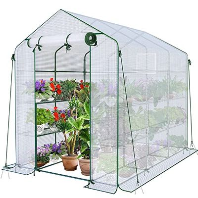 VOUNOT Serra da Giardino 143x215x195 cm con Porta Avvolgibile e Finestra di Osservazione, Mini Serra Orto Vivaio per Piante 12 Ripiani per Fiori Verdure Crescita, Bianco