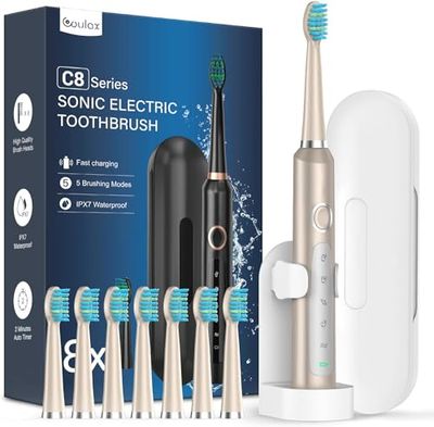 Cepillos de Dientes Electricos Sónico con 8 Cabezal - Cepillo Electrico Adultos con Estuche, 5 Modos y IPX7, Cepillos de Dientes Eléctricos Ultrasónicos para Mujer Hombres, Oro Esmerilado