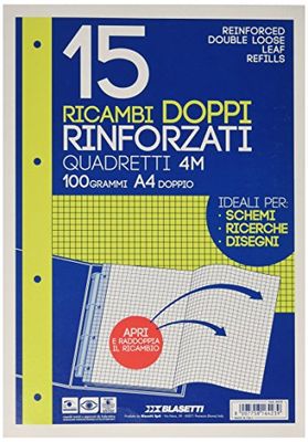 Blasetti - Perfekt DUBBEL reservdelar för scheman, forskning, ritningar. A4-ark dubbel, 100 g papper, med lagringshål - 4M-rutor