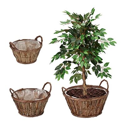 Relaxdays bloempot set van 3, schors, voor bloemen en planten, plantenpotten met folie, andere groottes, hout, natuur