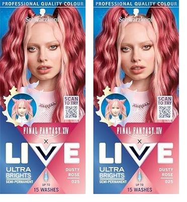 Schwarzkopf LIVE Ultra Brights or Pastels Dusty Rose 025 Shade, Semi-Permanent Rose Hair Dye, FINAL FANTASY™ XIV Online x Live, Vibrant Hair Dye Kit Lasts Up to 15 Washes (Pack of 2)