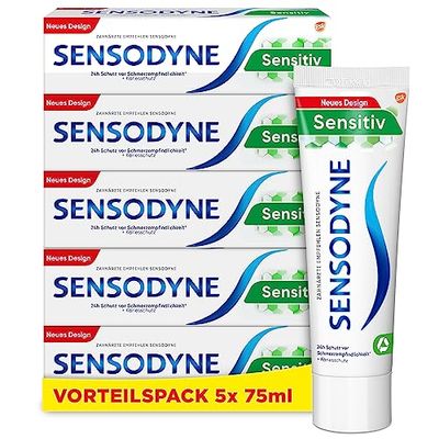 Sensodyne Dentifricio al fluoro, 5 x 75 ml, dentifricio giornaliero per denti sensibili al dolore