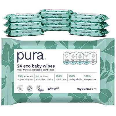Pura Toalhetes para bebé (28 embalagens de 24 toalhitas de viagem), 100% sem plástico, biodegradáveis, 99% de água, orgânicos, aloé vera, veganos, adequados para pele sensível, aprovados por parteiras