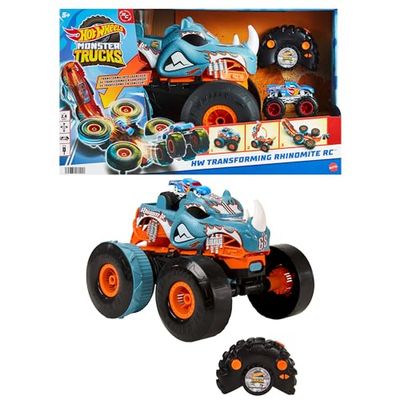 Hot Wheels Monster Trucks HW Transforming Rhinomite RC i skala 1:12 med Race Ace-leksaksbil i skala 1:64, kan omvandlas till avfyrare, går att ansluta till orange bana, HPK27