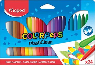 Maped - Ceras coloridas para crianças - Plasticlean - 24 pinturas de cera de cores - 1 lado de precisão e 1 lado liso - não susujar as mãos - fáceis de afiar