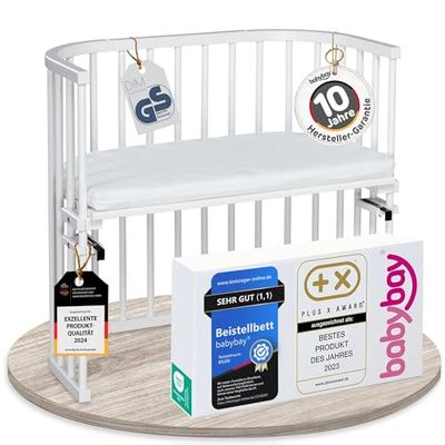 Babybay Berço original de madeira de faia maciça com colchão Classic Soft para dia e noite/berço ajustável em altura e ecológico/berço que cresce com a criança, lacando branco