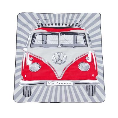 BRISA VW Collection - Volkswagen Coperta da PIC nic con Strato Impermeabile, Dotata di Borsa da Trasporto, Camper T1 Bus VW Design (Strisce Samba/Rosso)