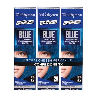 Vitalcare | Vivid - Colorazione Semipermanente Professionale, Tinta Colorante Capelli, Tintura Capelli Diretta, Durata Fino a 20 Lavaggi, Capelli Morbidi e Idratati, Colore Blu, Multipack 3 pz x 100ml