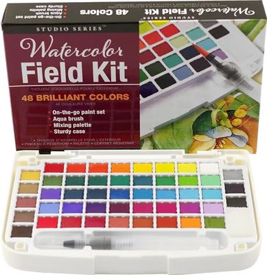 Artist's Watercolour Field Kit (48 high pigment colors, water brush, sponge, and palette)