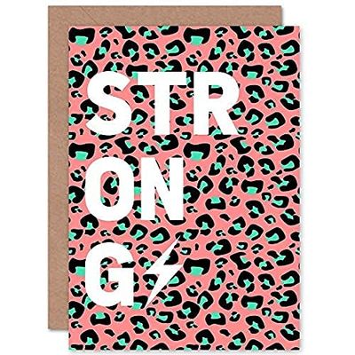 Wee Blue Coo Leopard Coral And Green Strong Words Greeting Card With Envelope Inside Premium Quality