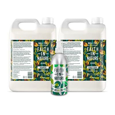 Faith In Nature Hair Care Bundle Featuring: Jojoba Shampoo 5L, Jojoba Conditioner 5L and Aluminium Refill Bottle 450ml