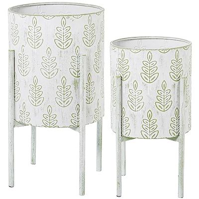 SET 2 MACETEROS METAL BLANCO/VERDE DECO. HOJAS_°31X58CM+°26X48CM