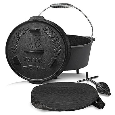 VOUNOT Dutch Oven Set 4,25 litra, żeliwny garnek do ogniska ogrodowego, z nóżkami, pokrywką, podnośnikiem pokrywki i torbą do przenoszenia