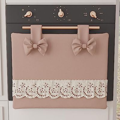 PETTI Artigiani Italiani - Oven Cover, Elegant Oven Cover, Shabby Chic Solid Colour Oven Cover with Lace Frill and Bows, Cotton Oven Cover, Oven Cover 50 x 42 cm Powder