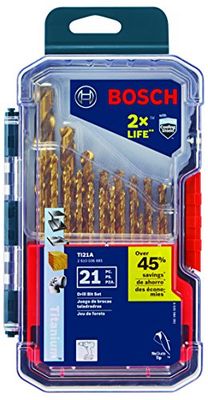 BOSCH TI21A Lot de 21 forets à métaux revêtus de nitrure de titane avec étui inclus et trois tiges plates pour les applications dans les aciers au carbone lourds, les métaux légers, le bois dur