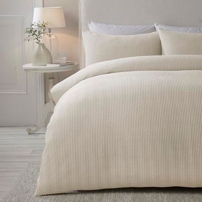 Serene - Natural Waffle Duvet Cover - Single Bedding Size (140 x 200cm) - Soft Touch - Luxury Bedding - Grid Pattern Textured Duvet Cover in Cream Natural - Square Puckered Bedding - Lindly Collection