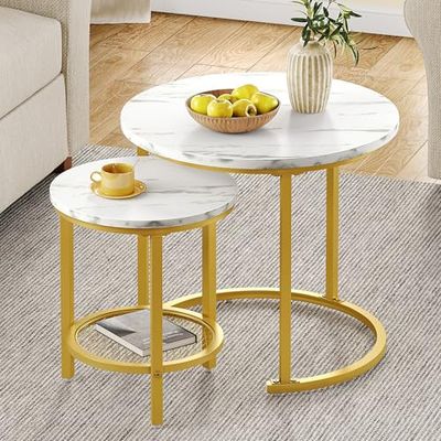 YITAHOME Salontafel, set van 2, rond, woonkamertafel, modern, met opbergruimte, bijzettafel, set van 2, stapelbaar met houten plaat en metalen frame, bank, tafel, woonkamer, thuiskantoor