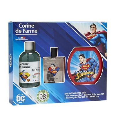 Corine de Farme - Superman presentset för barn - Köln 50 ml, dusch- och badgel 3-i-1 kropp och hår 300 ml och barnmatlåda - äppelfruktig doft