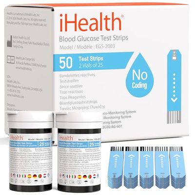 iHealth Strisce reattive per glicemia (50 conteggi), ammissibile per il rimborso FSA, misurazione di precisione dello zucchero per i diabetici, le strisce funzionano solo nei misuratori di glucosio