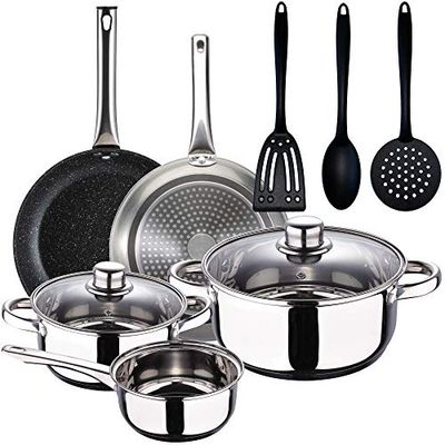 San Ignacio Cassel, batteria da 5 pezzi, 3 utensili da cucina e set 2 padelle Ø20/Ø30 cm argento e nero, alluminio forgiato, antiaderente, induzione