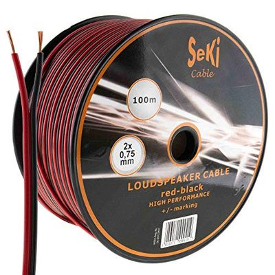 Câble d'enceinte 2 x 0,75 mm² – 100 m – Rouge/noir – CCA – Câble audio – Câble d'enceinte