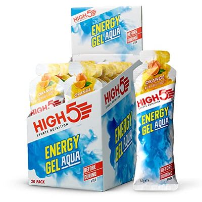 HIGH5 Aqua Running Gels Energy - Running Essentials for Quick Release Energy - Natural Fruit Juice & No-Caffeine - Ideal as Running Equipment, Cycling Supplements, Marathon Training (Orange, 20 x 66g)