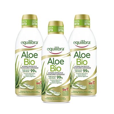 Equilibra Integratori Alimentari, Aloe Bio, Aloe Vera Puro Succo con Polpa 99%, Aloin Free, 100% Filiera Italiana Biologica, Vegan, Naturalmente Privo di Lattosio, Senza Glutine, 3 Pezzi da 750 ml