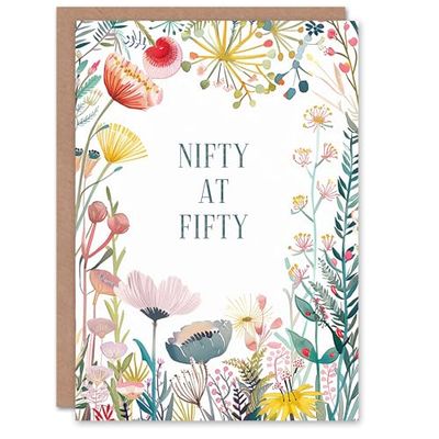 Artery8 Greeting Card Nifty Fifty Bright Flowers Cheeky Floral Flowers For Her Woman Birthday Card