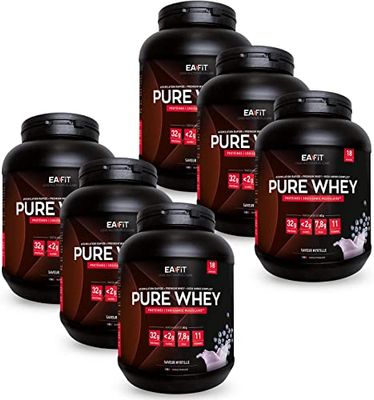 EAFIT Pure Whey - Myrtille 750 g - FORMAT ECO 6 POTS 4,5kg - Croissance Musculaire - Protéines de Whey - Assimilation Rapide - Acides Aminés et des Enzymes Digestives - Certifié Anti-dopage