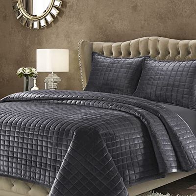 Tribeca Living Parure de lit Deux pièces en Velours à Coutures carrées Comprenant Une Couette surdimensionnée et Une taie d'oreiller, 260 g/m², Velours Super Doux, Florence/Gris fumé