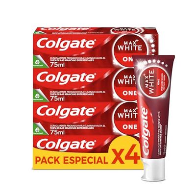 Colgate Max White One Dentifricio sbiancante, confezione da 4 pezzi x 75 ml, denti sbiancanti, 1 tono più bianco in 1 settimana, rimuove le macchie superficiali