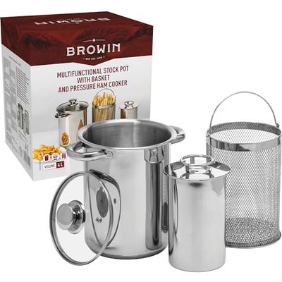 BROWIN Stainless Steel Kit : 4L Pasta/Asparagus Pot + 1.5kg Ham Cooker 313515 | Press for Making Healthy Homemade Meats | Steamer Cooker with Basket and Lid