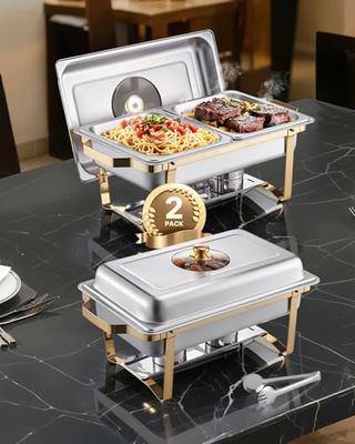 VEVOR Juego de Calentador de Alimentos Acero Inoxidable con 4 Recipientes Tamaño Medio(4 L Cada Uno), Rectangular, con Tapa Vidrio y Soporte a Bandeja de Agua y Depósito de Combustible, Dorado