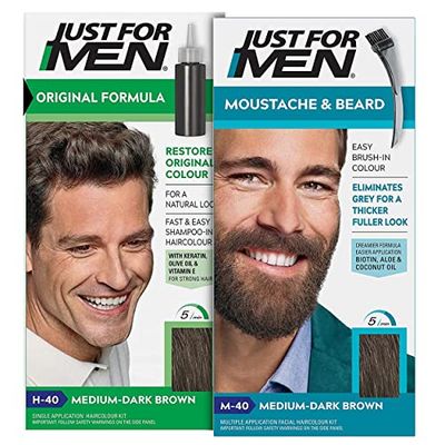 Just for Men Original Formula Medium-Dark Brown Hair Dye, Natural Look – H40 & Just for Men Moustache & Beard Medium-Dark Brown Dye – M40