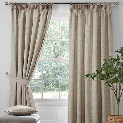 Drömmar och draperier gardiner – Pembrey – texturerat par pennvecksgardiner med knytband mörkläggning – 229 cm bredd x 183 cm fall (229 x 183 cm) naturligt