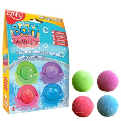 Zimpli Kids - Juego de 4 bombas de baño para niños, hidratantes y orgánicas para piel seca, regalo de cumpleaños para niños y niñas, juguete de baño de dinero de bolsillo, apto para veganos y libre de